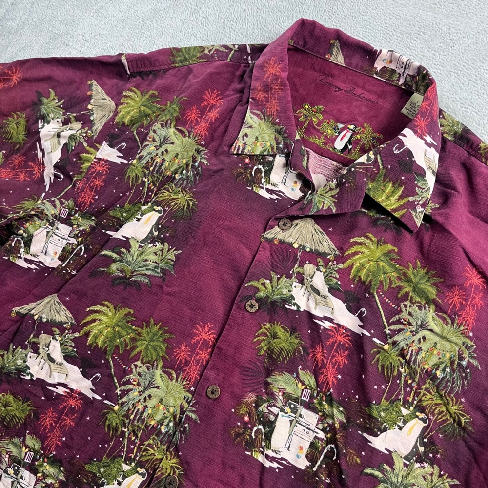 Tommy‎ Bahama Mens Large Silk Holiday Penguin Tropical Camp Shirt Burgundy